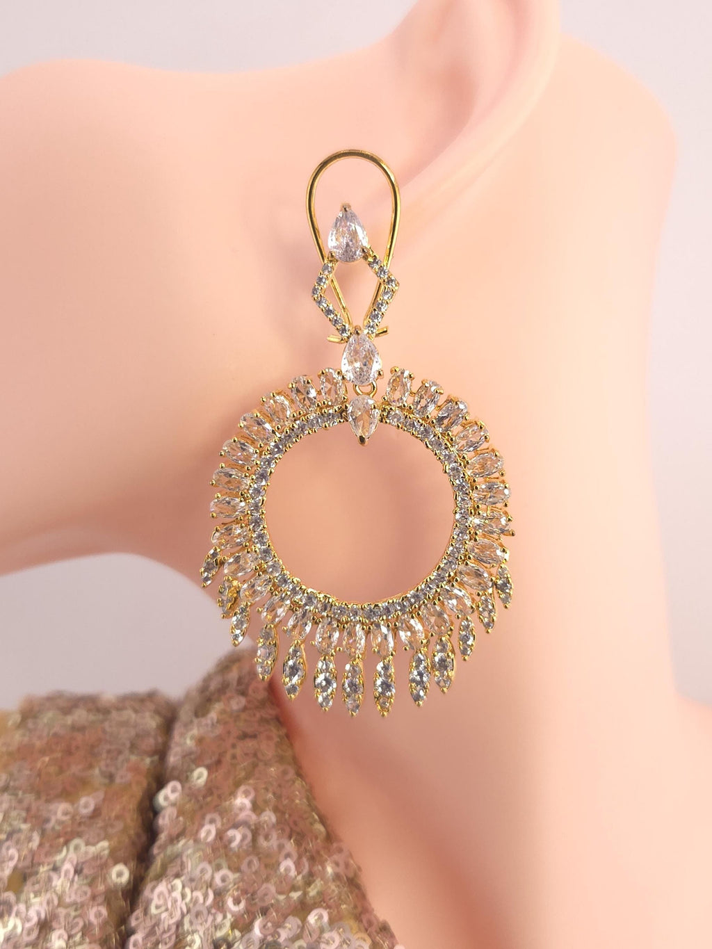 Gold Plated Filigree Chandbali Earrings, Multicolor CZ Statement Bridal Jewelry