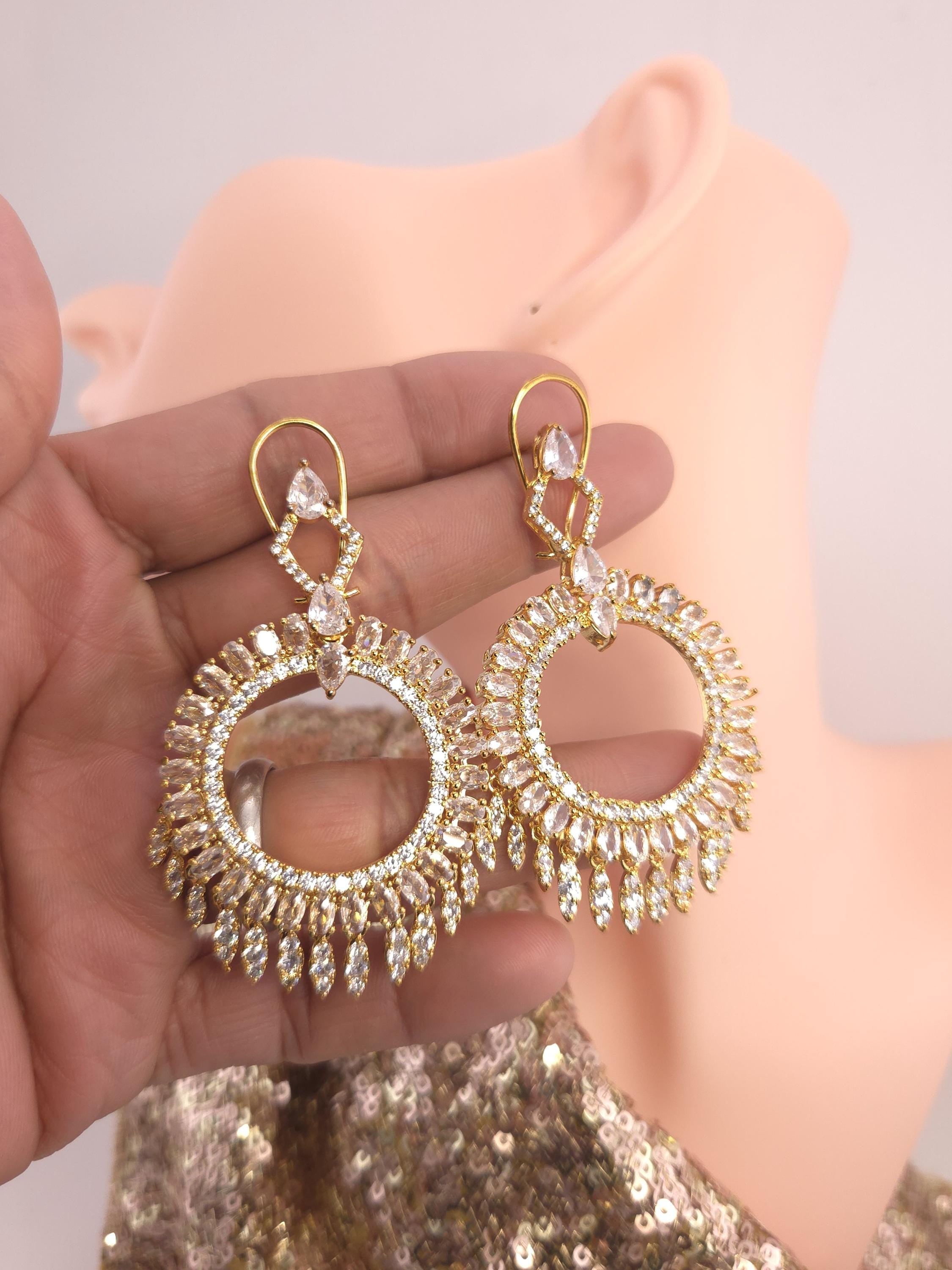 Gold Plated Filigree Chandbali Earrings, Multicolor CZ Statement Bridal Jewelry