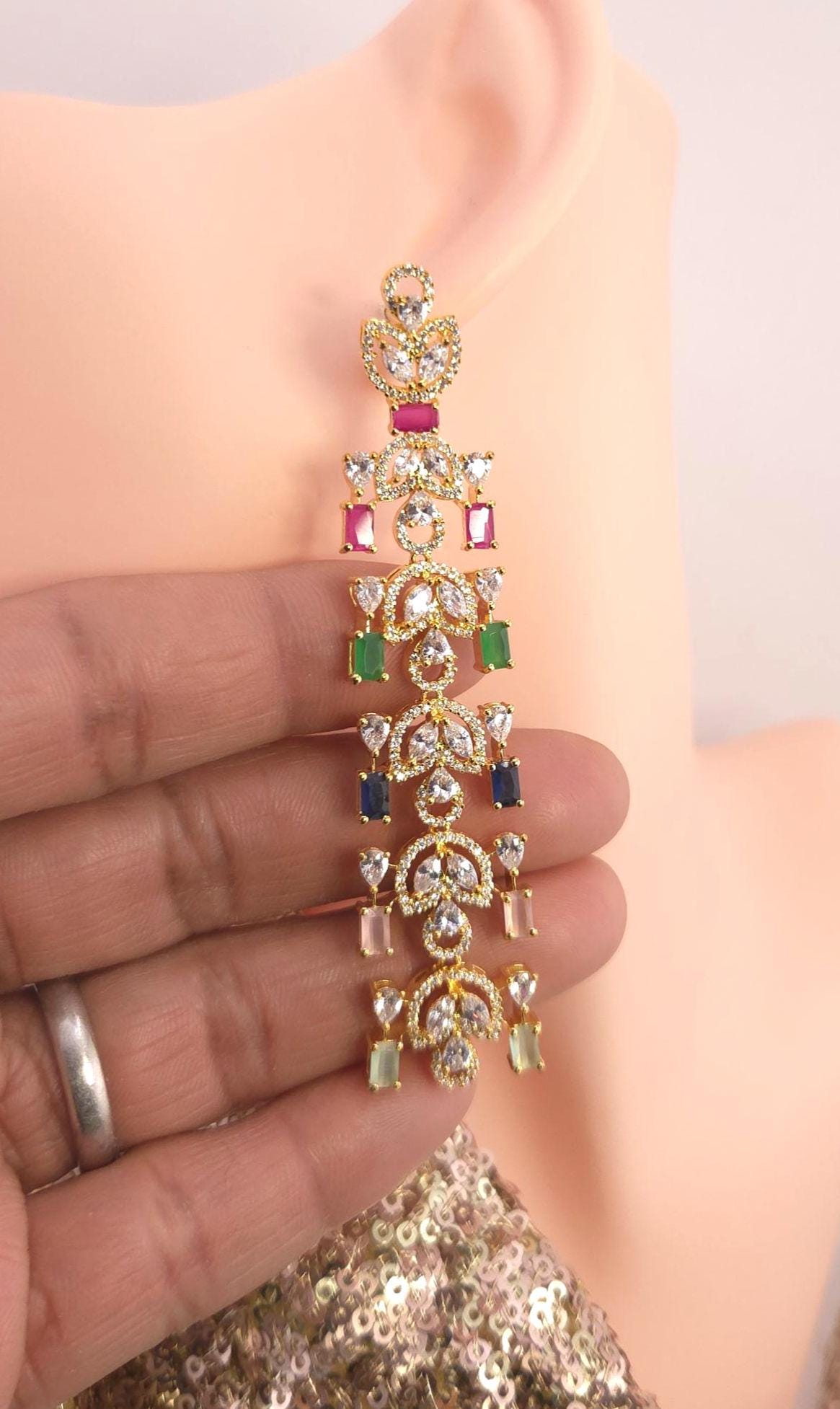 Gold Multicolor CZ Drop Earrings – Indian Bridal Statement Jewelry
