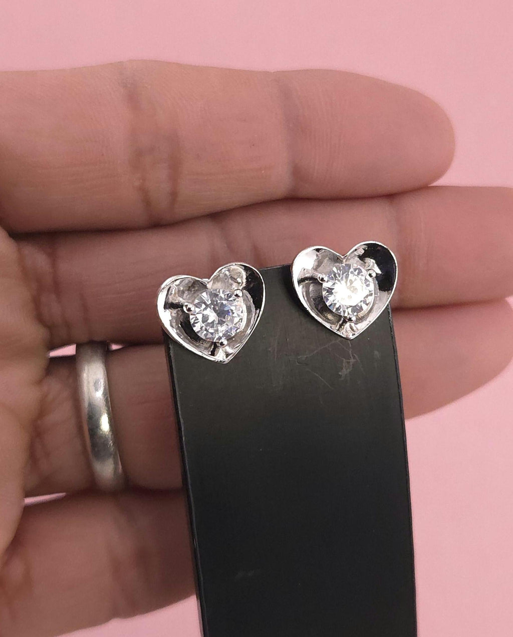 Sterling Silver Heart Stud Earrings with Cubic Zirconia, Dainty Minimal Jewelry