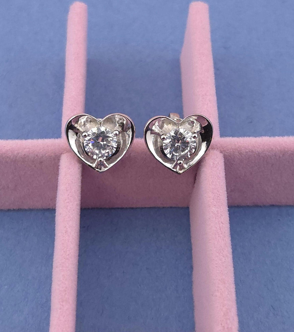 Sterling Silver Heart Stud Earrings with Cubic Zirconia, Dainty Minimal Jewelry