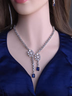 Silver Blue Cubic Zirconia Necklace Earrings Set, Bridal Wedding Drop Jewelry