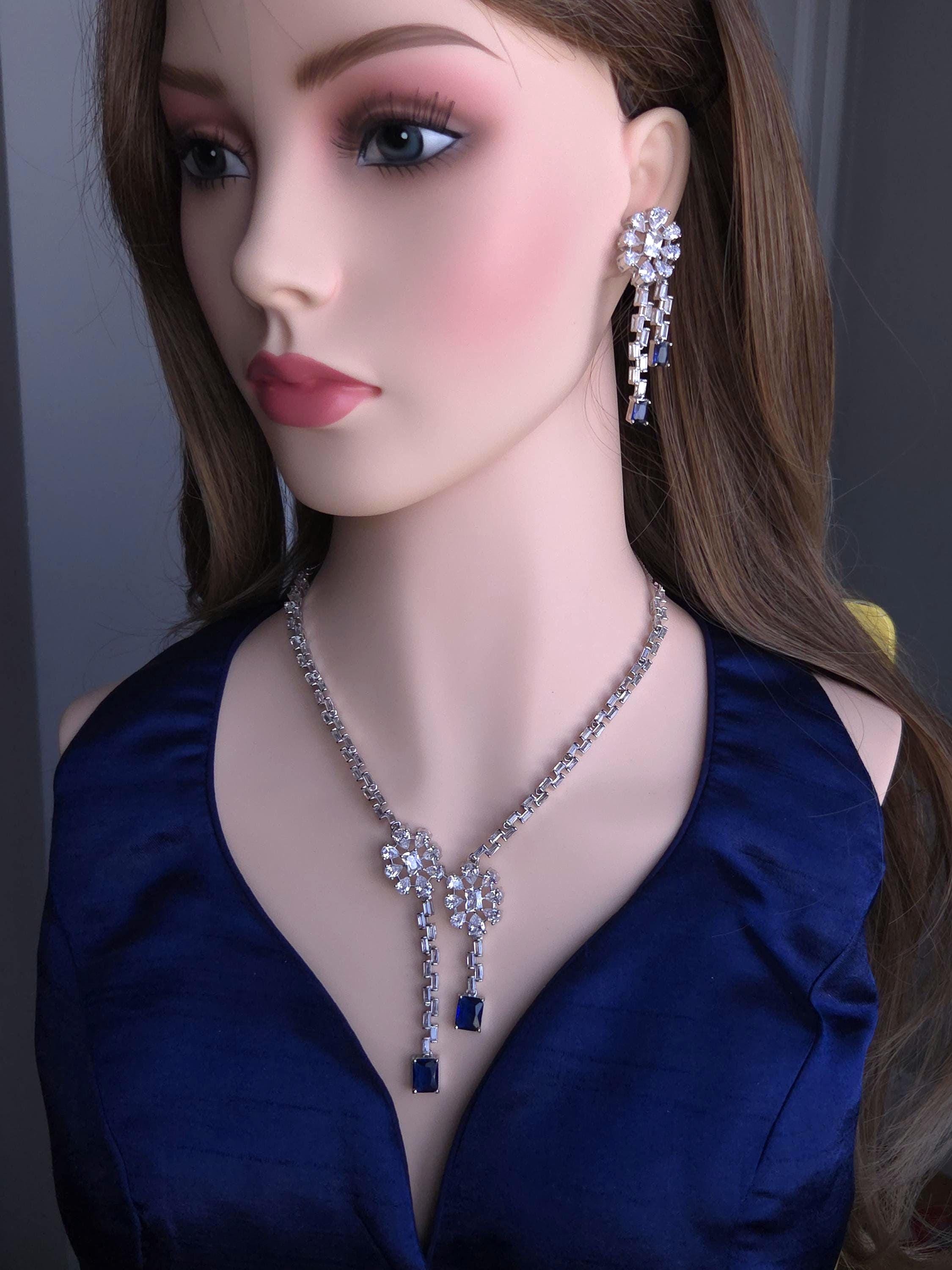 Silver Blue Cubic Zirconia Necklace Earrings Set, Bridal Wedding Drop Jewelry