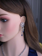 Silver Blue Cubic Zirconia Necklace Earrings Set, Bridal Wedding Drop Jewelry