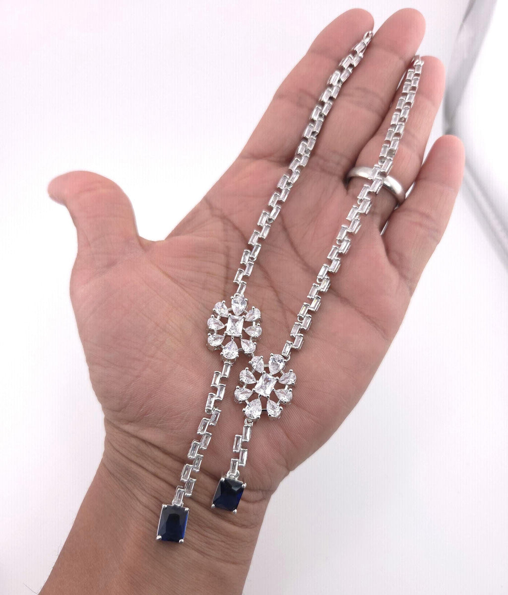 Silver Blue Cubic Zirconia Necklace Earrings Set, Bridal Wedding Drop Jewelry