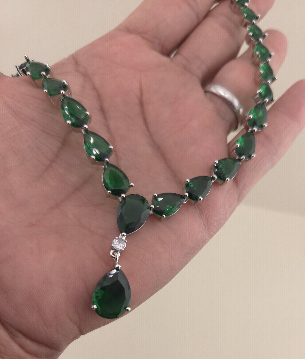 Emerald Green Teardrop Necklace Earrings Set, Silver Plated CZ Bridal Jewelry