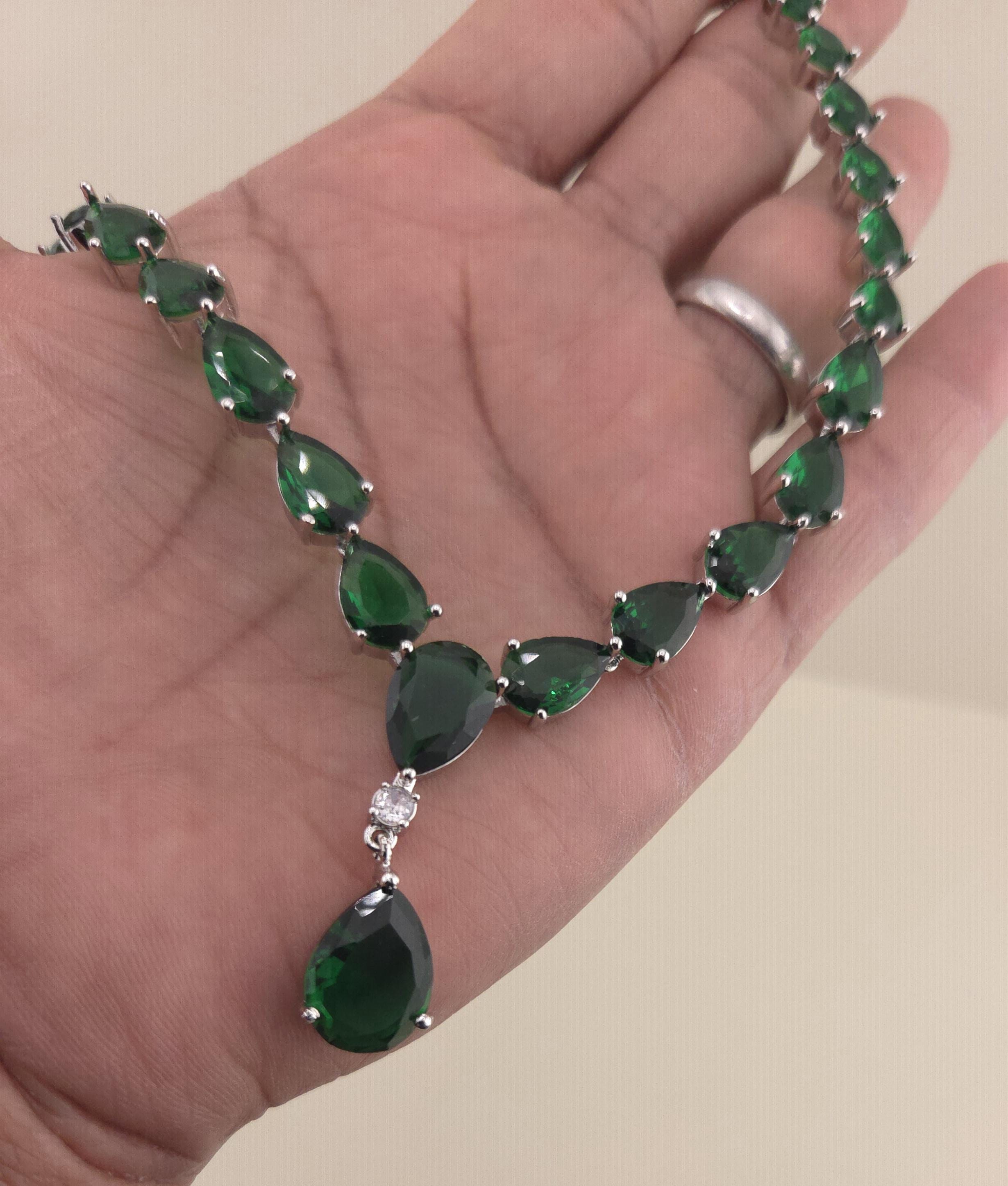 Emerald Green Teardrop Necklace Earrings Set, Silver Plated CZ Bridal Jewelry
