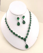 Emerald Green Teardrop Necklace Earrings Set, Silver Plated CZ Bridal Jewelry