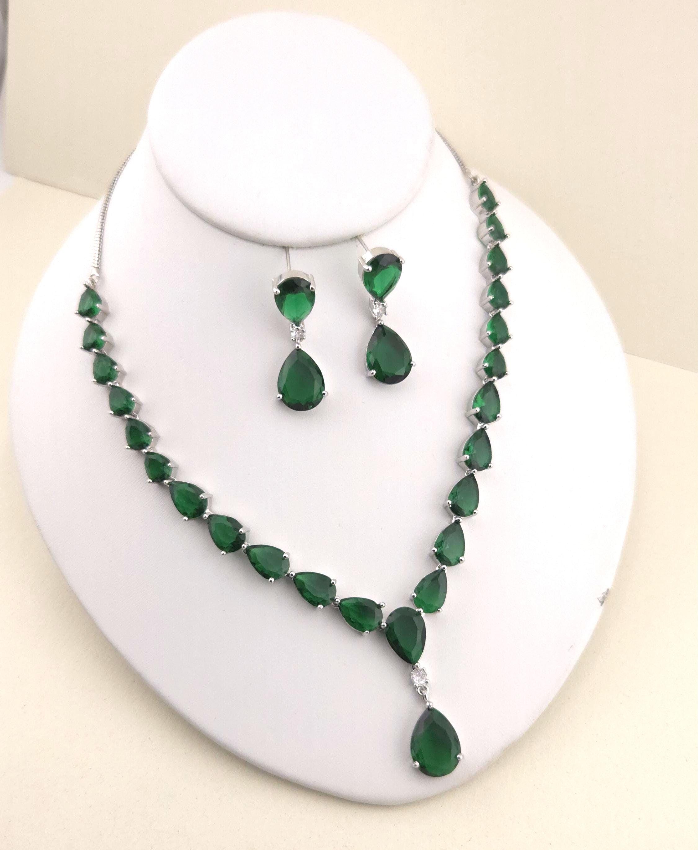 Emerald Green Teardrop Necklace Earrings Set, Silver Plated CZ Bridal Jewelry