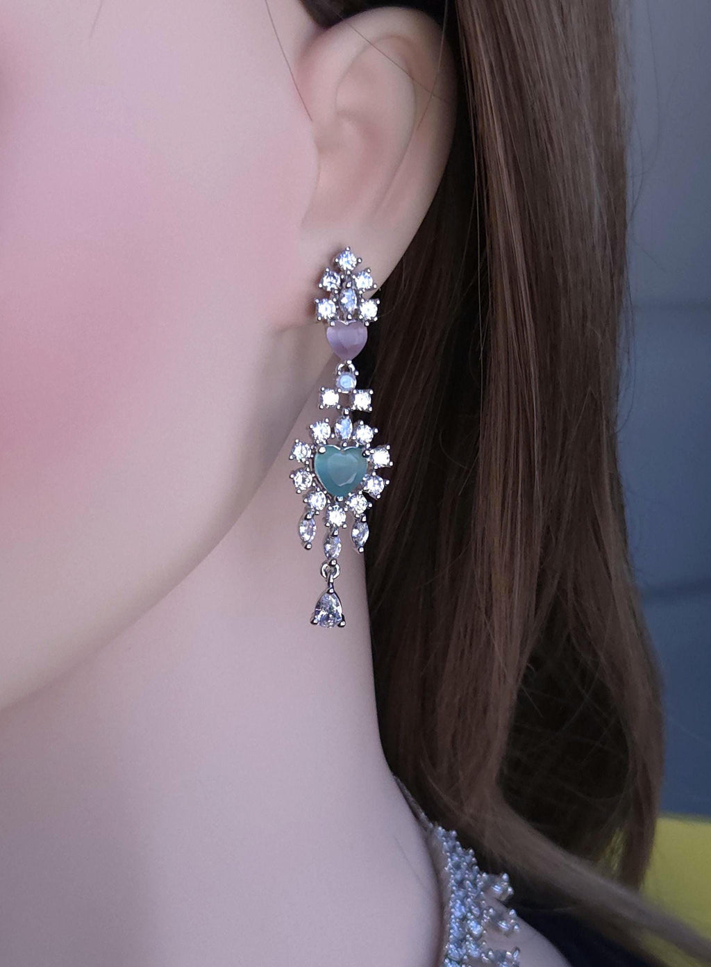 Silver Plated Heart CZ Necklace and Earrings Set, Bridal Diamond-Look Jewelry Royal Blue & Mint Green Pink