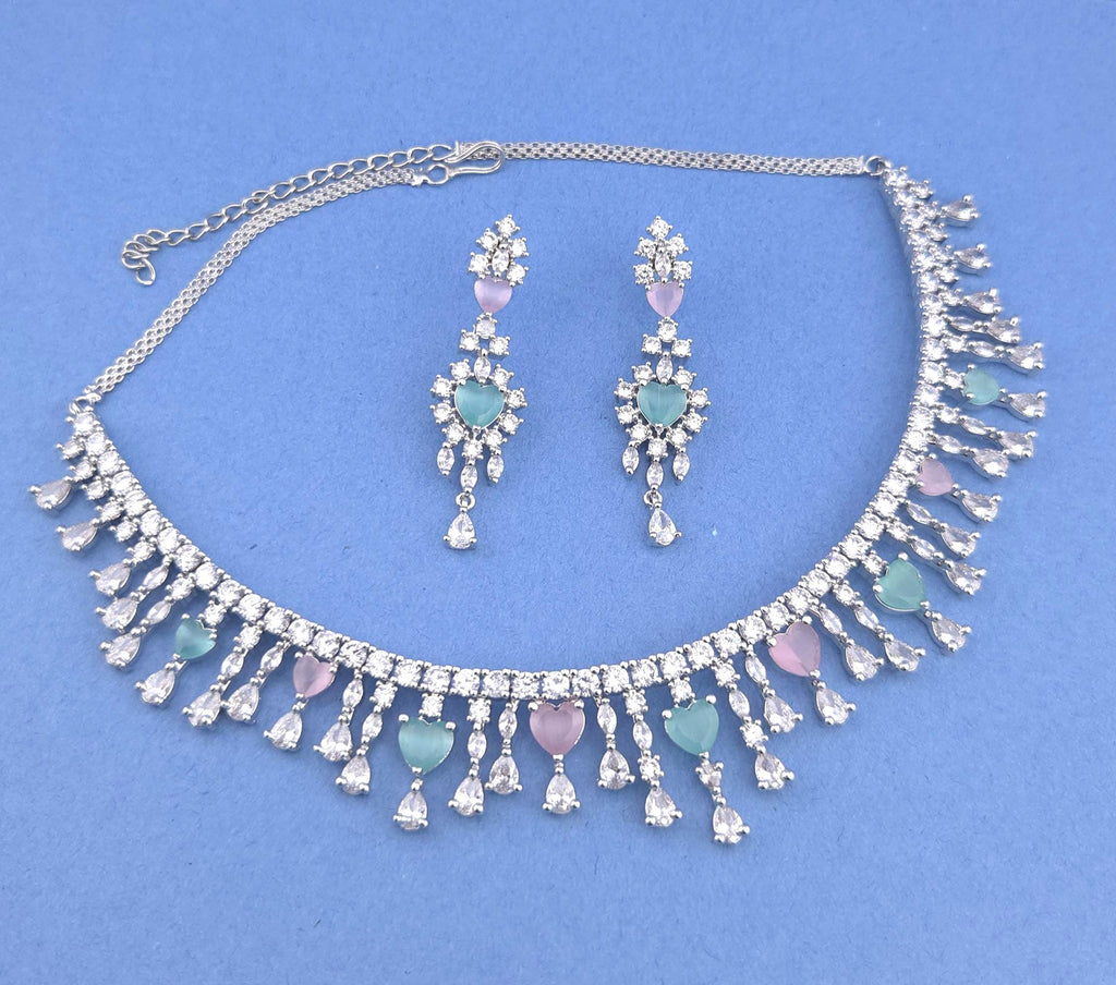 Silver Plated Heart CZ Necklace and Earrings Set, Bridal Diamond-Look Jewelry Royal Blue & Mint Green Pink
