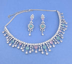 Silver Plated Heart CZ Necklace and Earrings Set, Bridal Diamond-Look Jewelry Royal Blue & Mint Green Pink