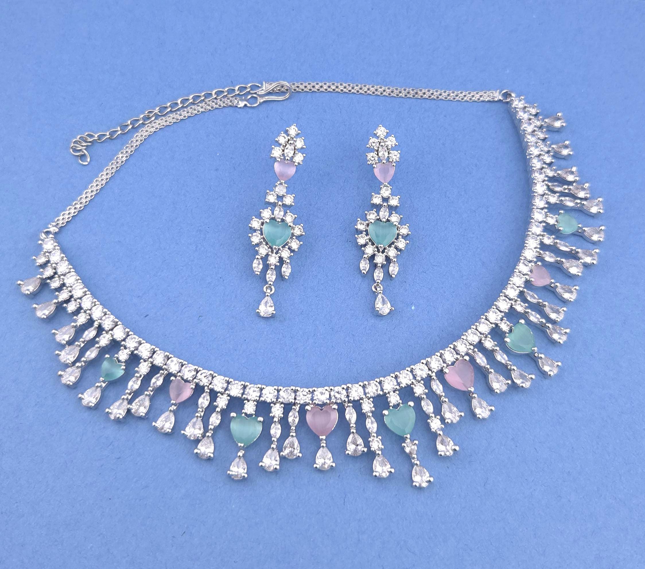 Silver Plated Heart CZ Necklace and Earrings Set, Bridal Diamond-Look Jewelry Royal Blue & Mint Green Pink
