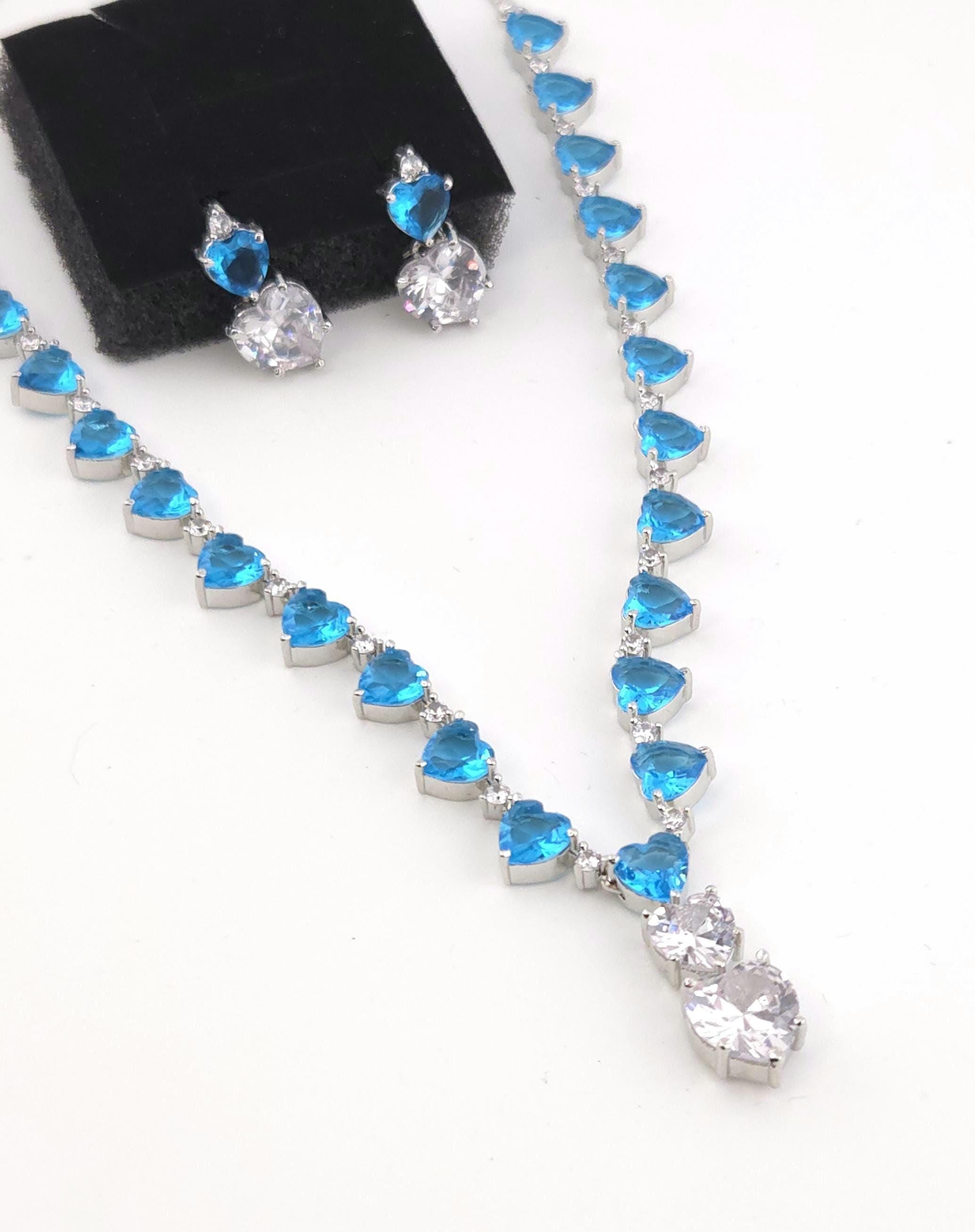 Heart Crystal CZ Necklace & Earring Set | Silver Plated | Ocean Blue, Mint Green & Pink