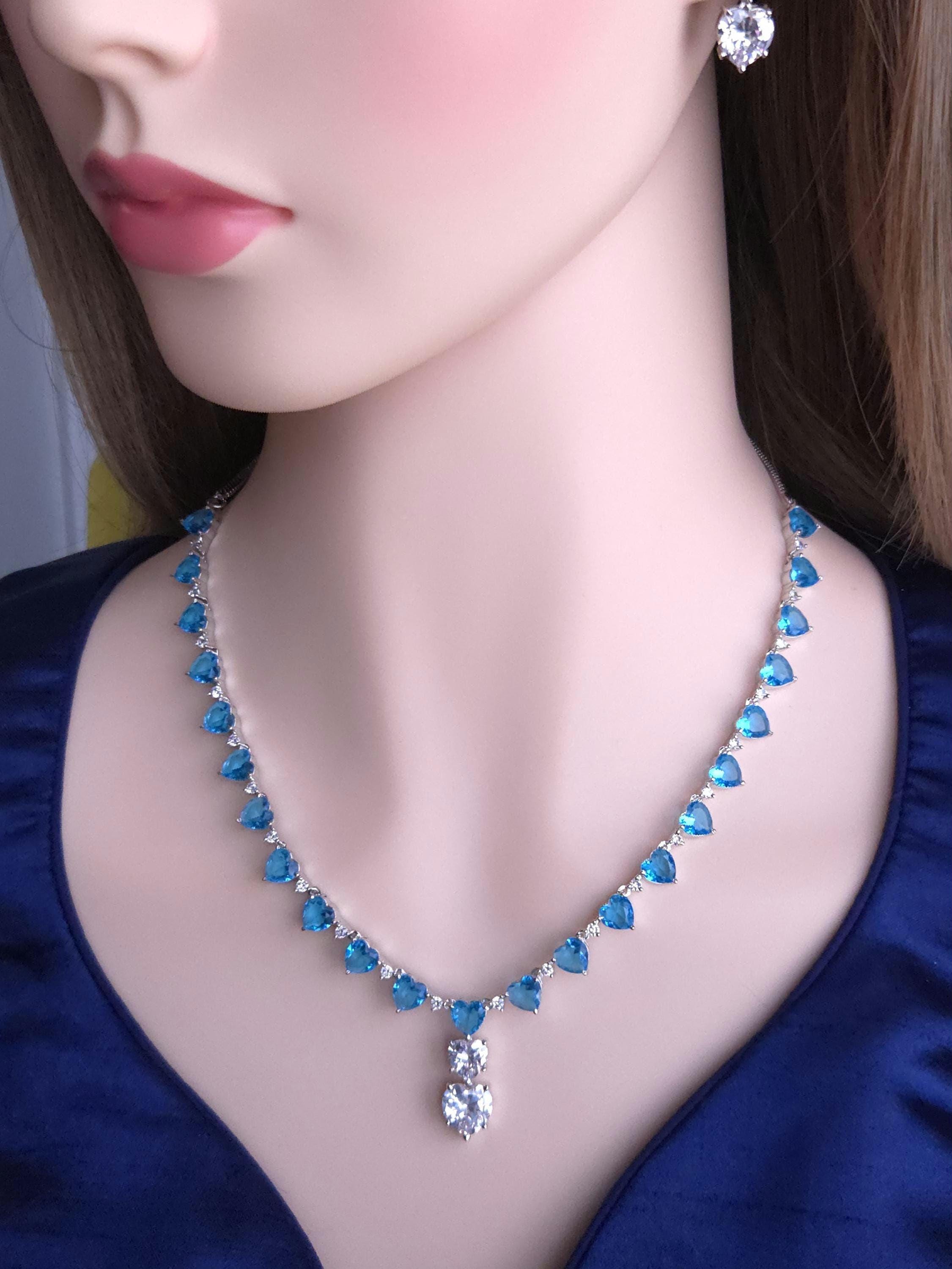 Heart Crystal CZ Necklace & Earring Set | Silver Plated | Ocean Blue, Mint Green & Pink