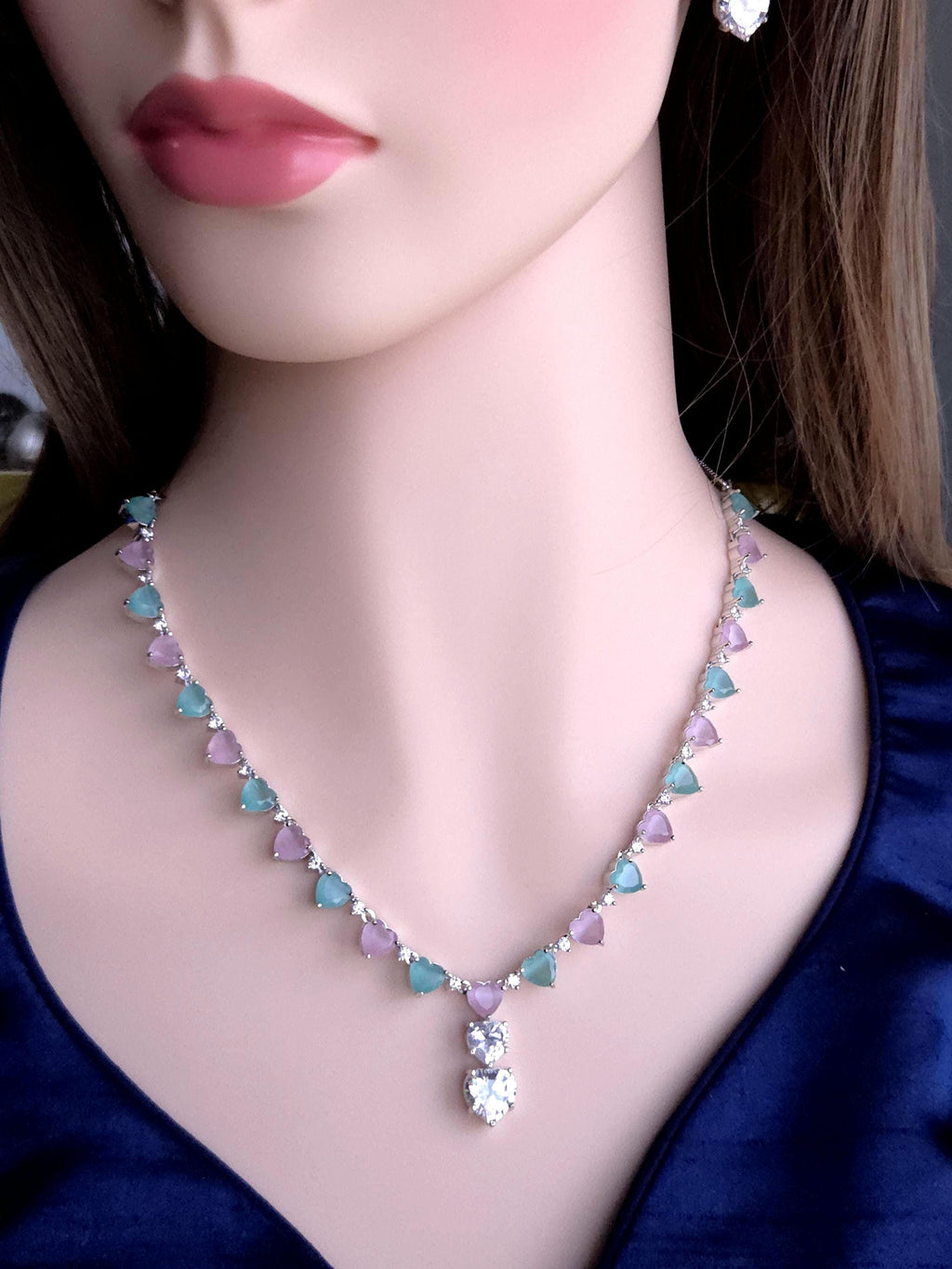 Heart Crystal CZ Necklace & Earring Set | Silver Plated | Ocean Blue, Mint Green & Pink