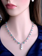 Heart Crystal CZ Necklace & Earring Set | Silver Plated | Ocean Blue, Mint Green & Pink