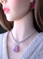 Bridal CZ Necklace Earrings Set, Emerald Green or Blush Pink, Gold/Silver Tone