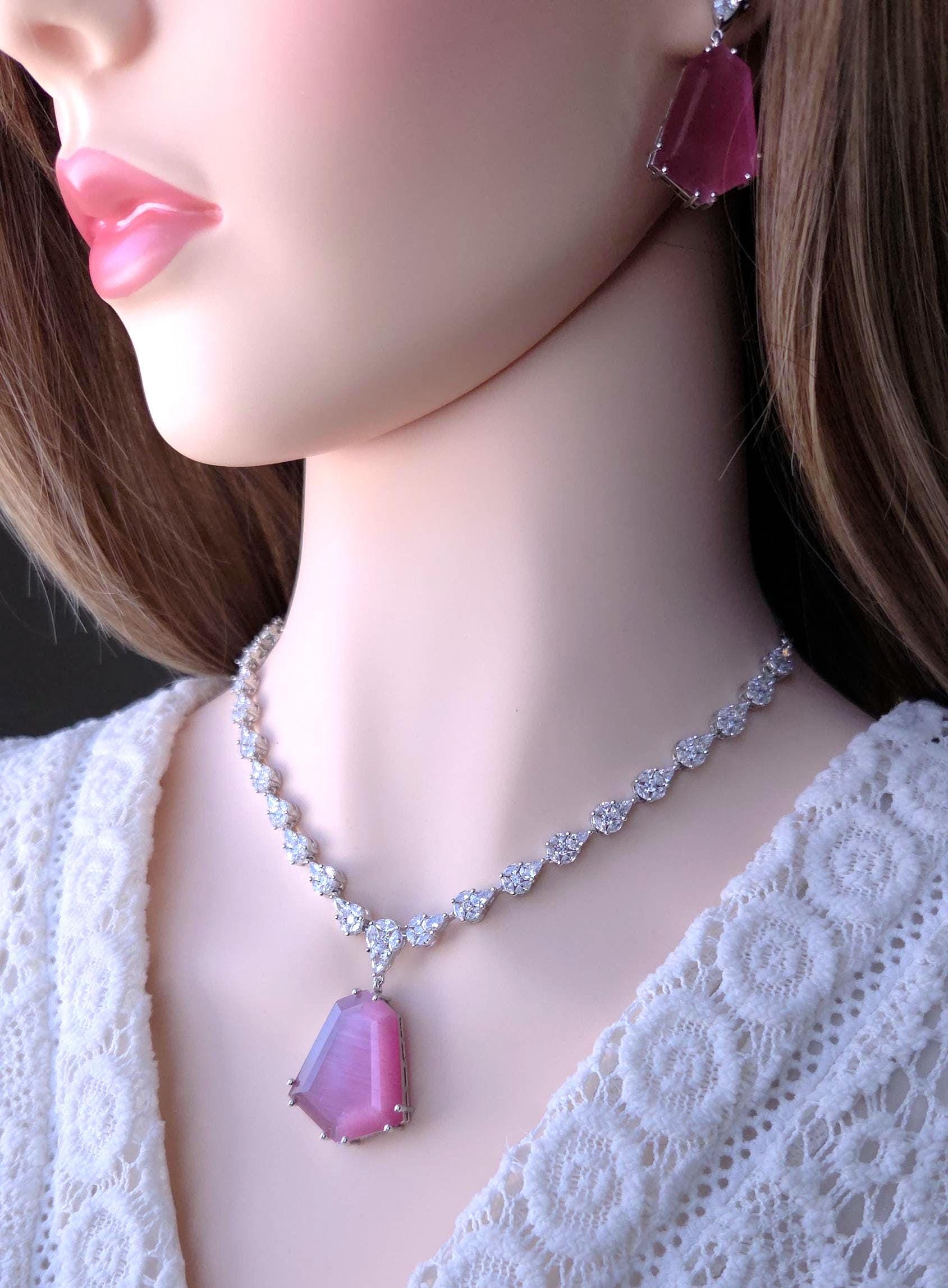 Bridal CZ Necklace Earrings Set, Emerald Green or Blush Pink, Gold/Silver Tone