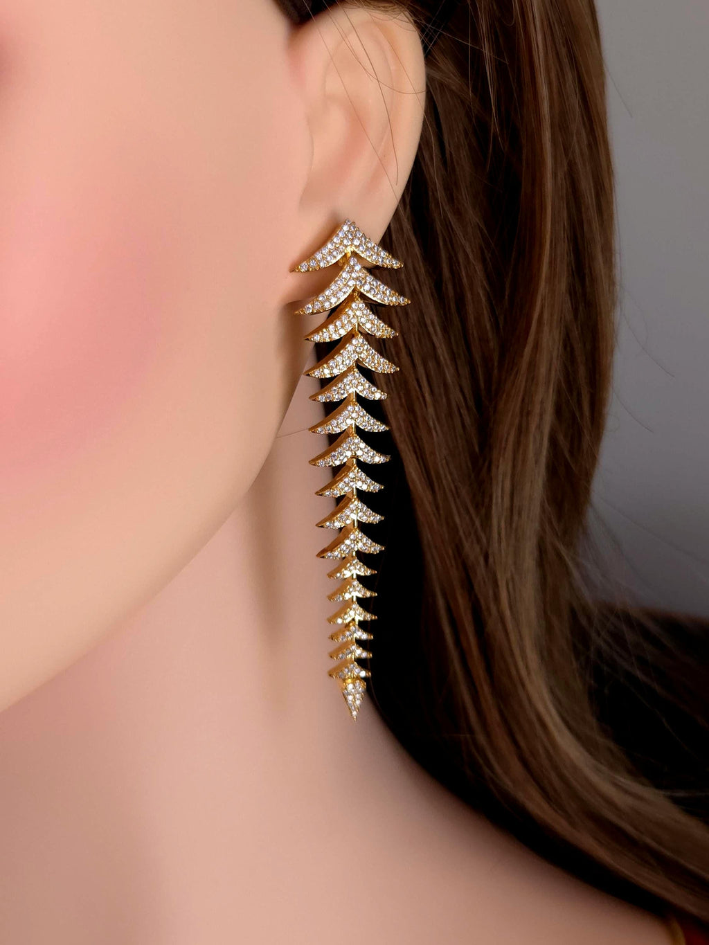 Long Leaf CZ Drop Earrings | Gold Silver Plated Statement Bridal Jewelry
