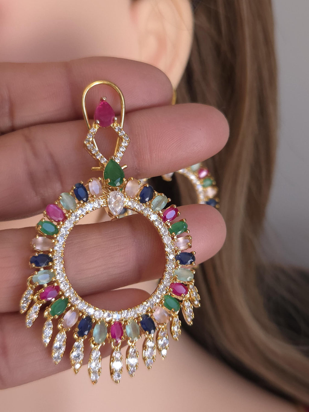 Gold Plated Filigree Chandbali Earrings, Multicolor CZ Statement Bridal Jewelry