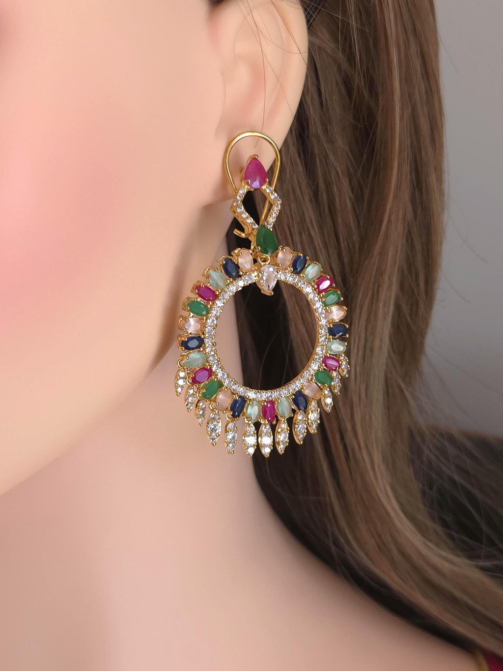 Gold Plated Filigree Chandbali Earrings, Multicolor CZ Statement Bridal Jewelry