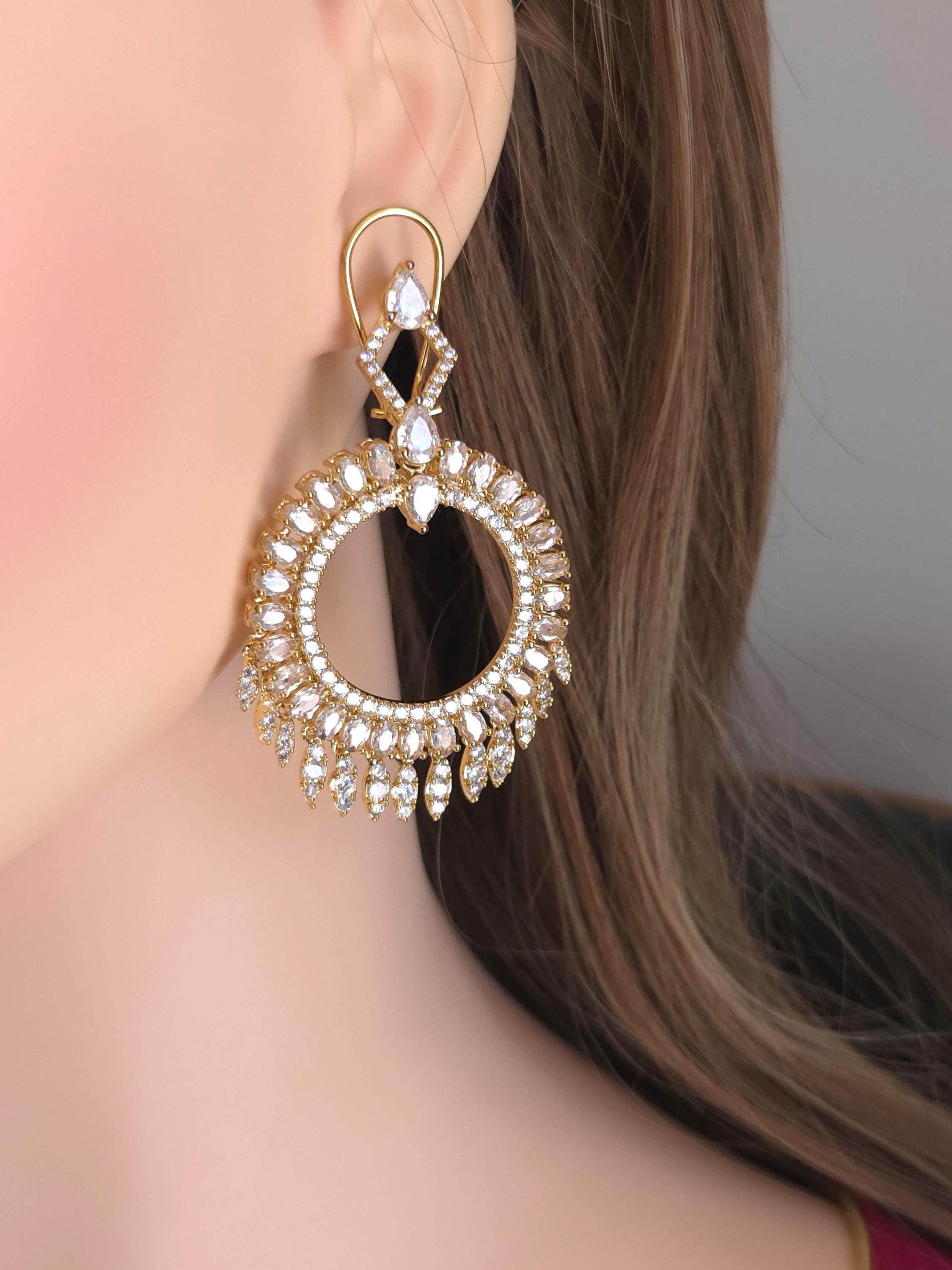 Gold Plated Filigree Chandbali Earrings, Multicolor CZ Statement Bridal Jewelry