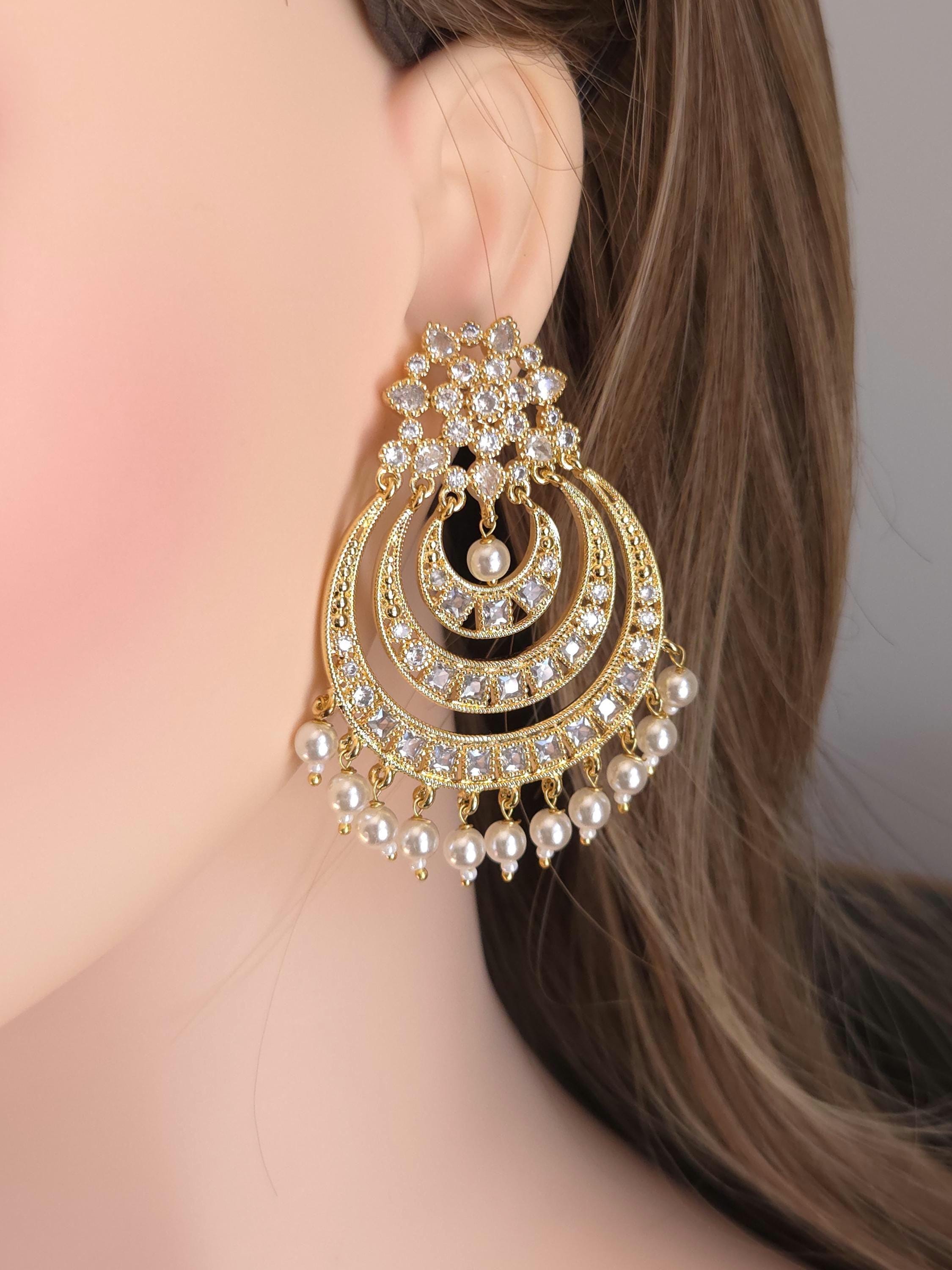 Gold Plated CZ Pearl Chandbali Earrings, Indian Bridal Statement Jewelry