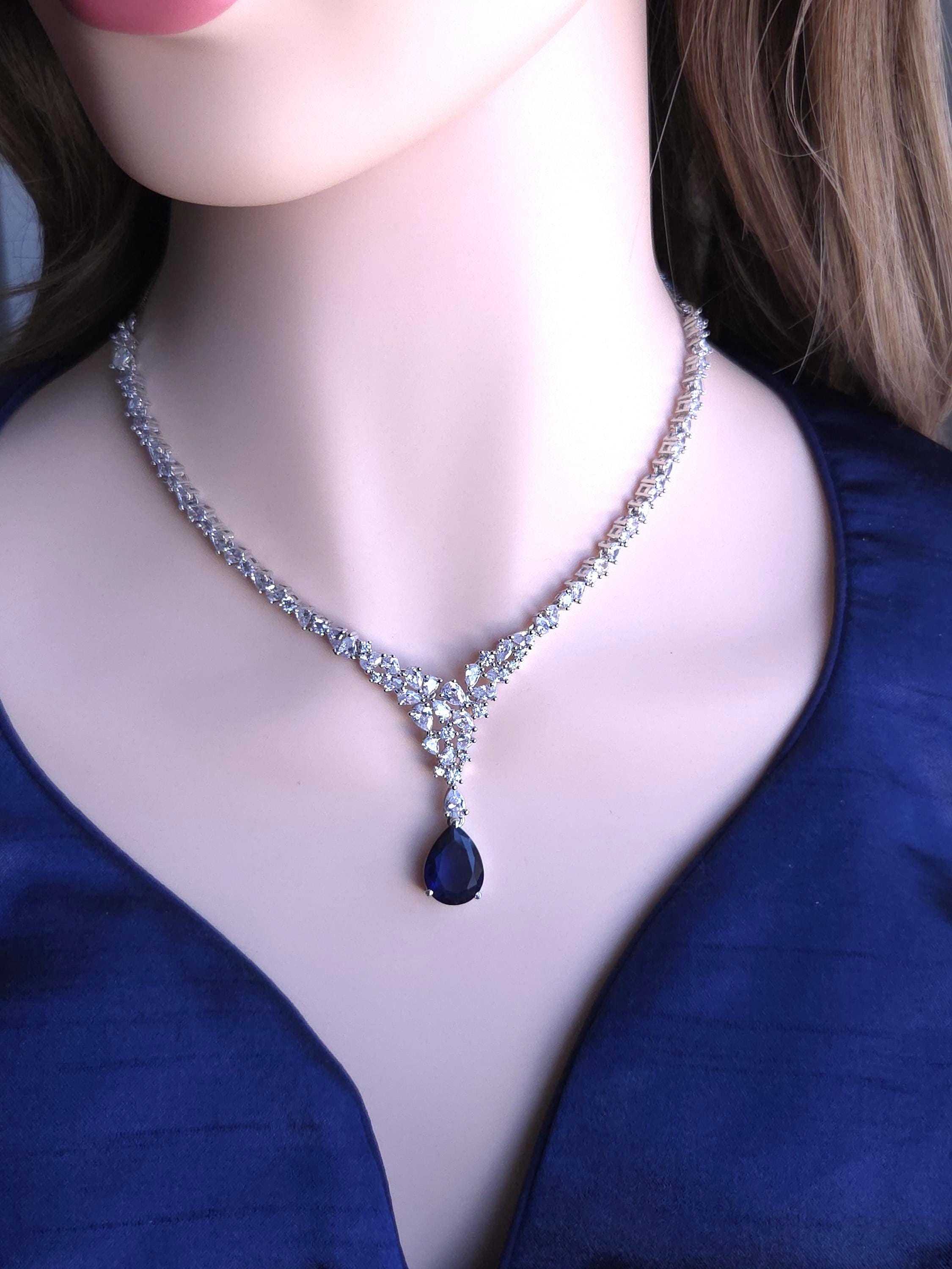 Teardrop Cubic Zirconia Y Necklace Set, Bridal Wedding Jewelry with Matching Earrings
