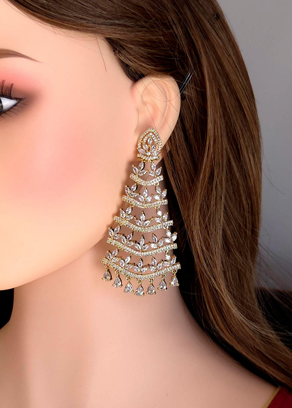 Gold Plated CZ Tassel Chandelier Earrings, Bridal Statement Jewelry
