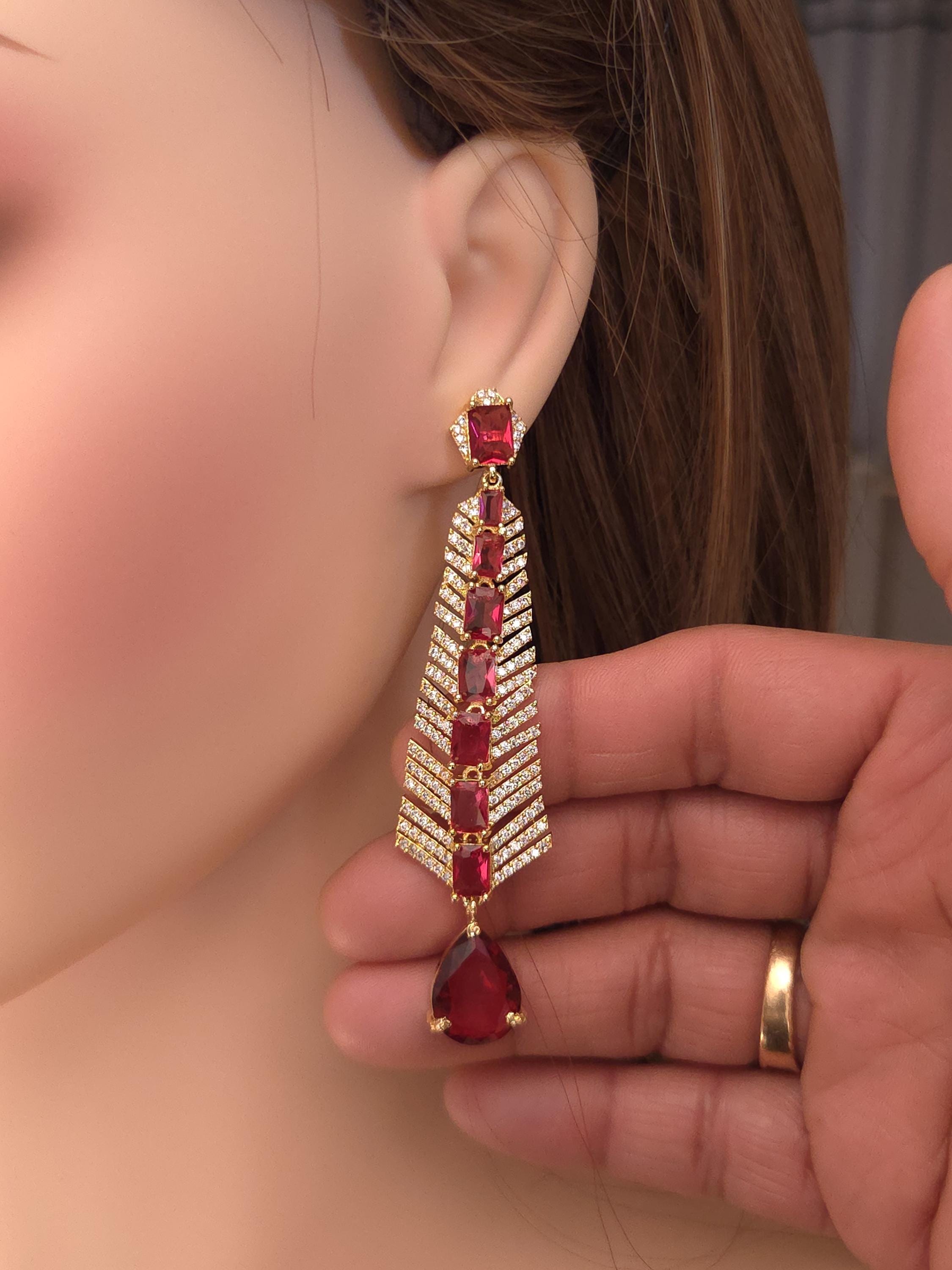 Gold Plated Ruby Red Dangle Earrings, CZ Accents, Bridal Statement Jewelry