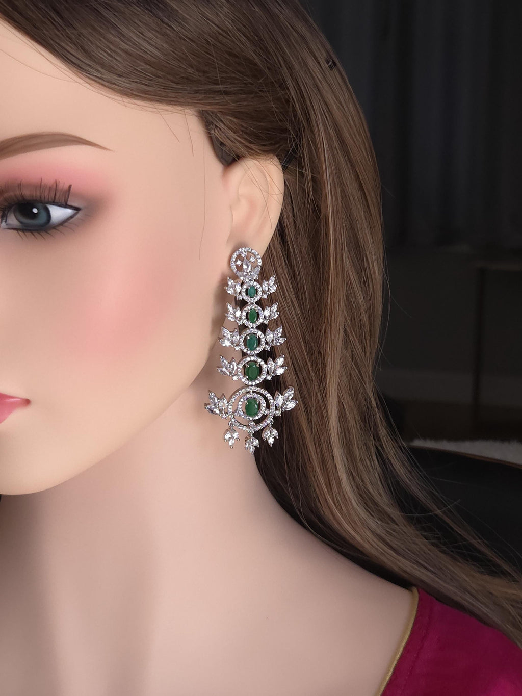Emerald Green & Clear CZ Chandelier Earrings | Silver Bridal Statement Drops