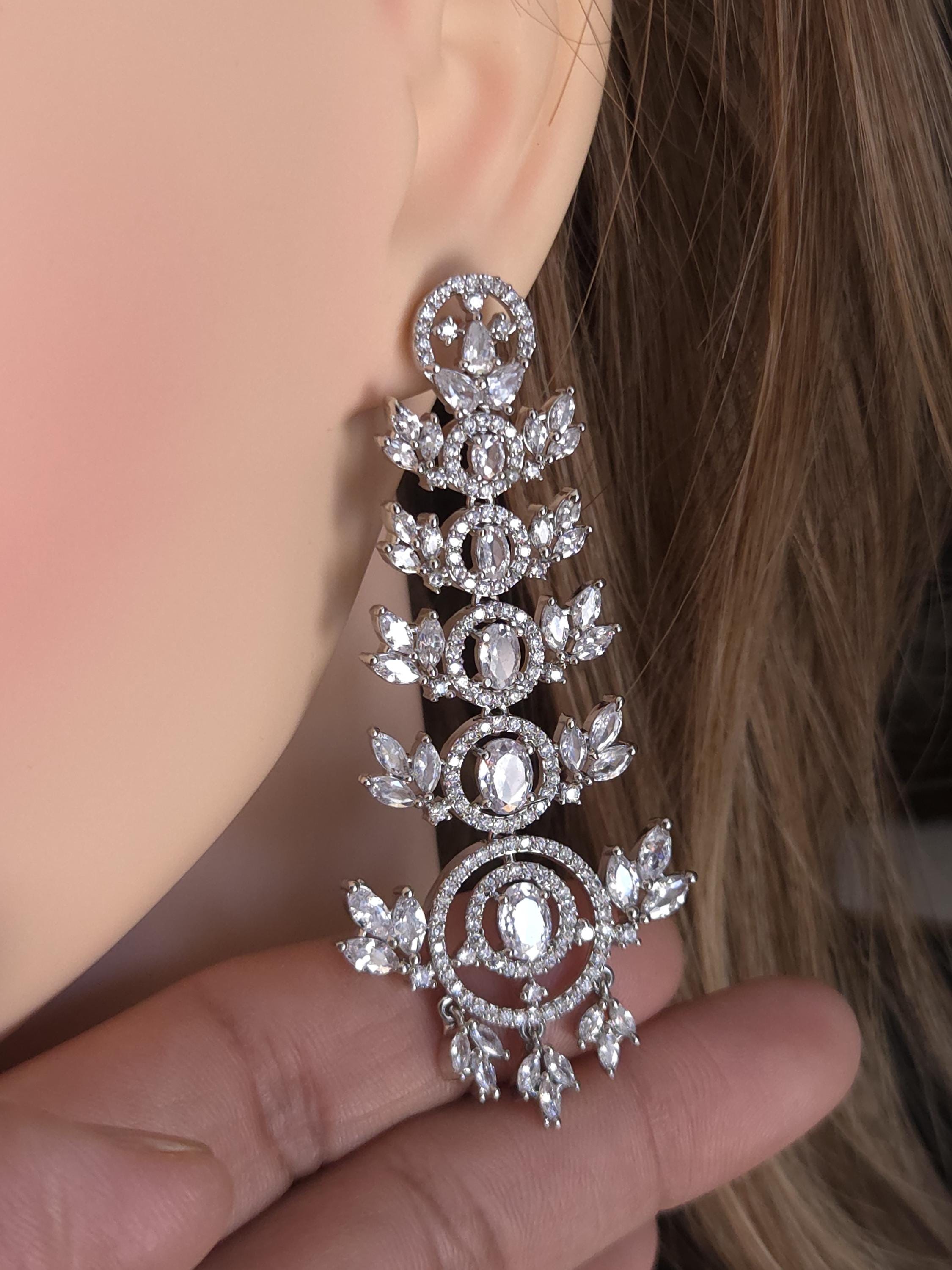 Emerald Green & Clear CZ Chandelier Earrings | Silver Bridal Statement Drops