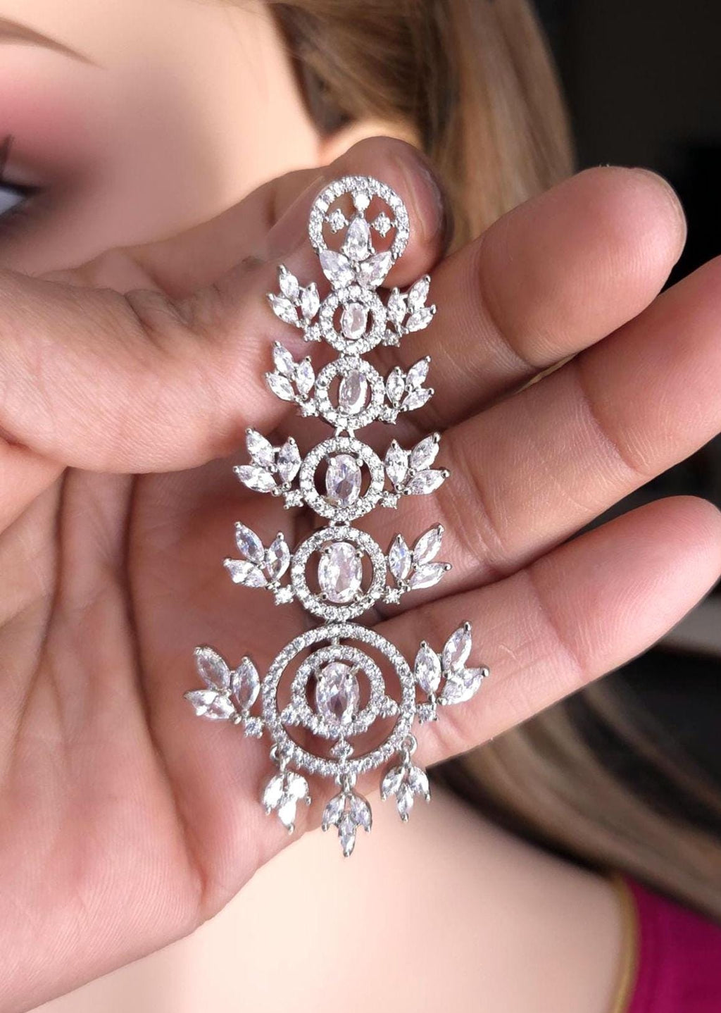 Emerald Green & Clear CZ Chandelier Earrings | Silver Bridal Statement Drops