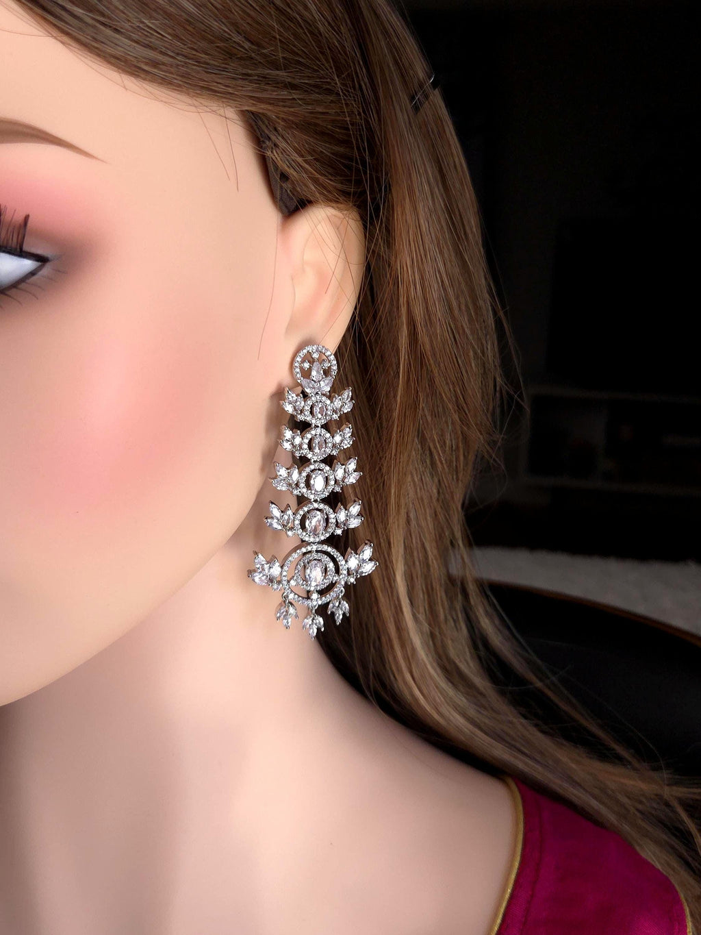 Emerald Green & Clear CZ Chandelier Earrings | Silver Bridal Statement Drops