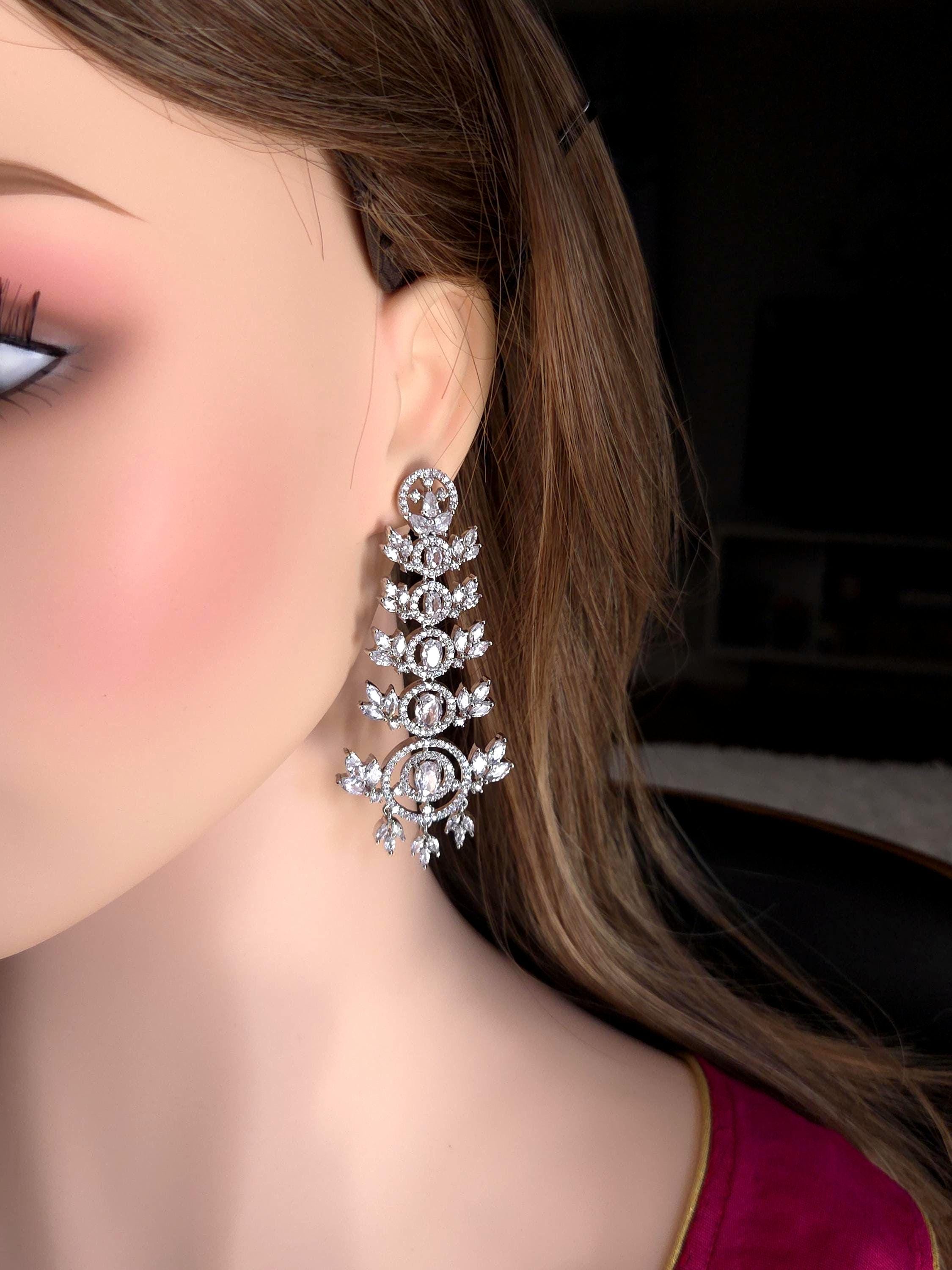 Emerald Green & Clear CZ Chandelier Earrings | Silver Bridal Statement Drops
