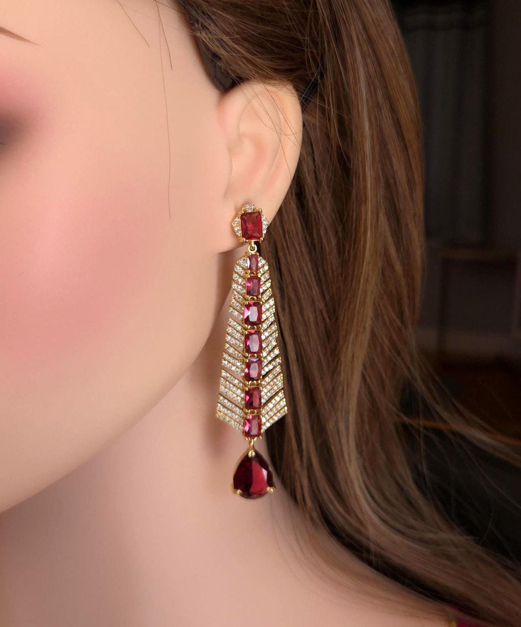 Gold Plated Ruby Red Dangle Earrings, CZ Accents, Bridal Statement Jewelry