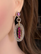 Gold Plated Multicolor Oval Dangle Earrings, Cubic Zirconia Bridal Jewelry
