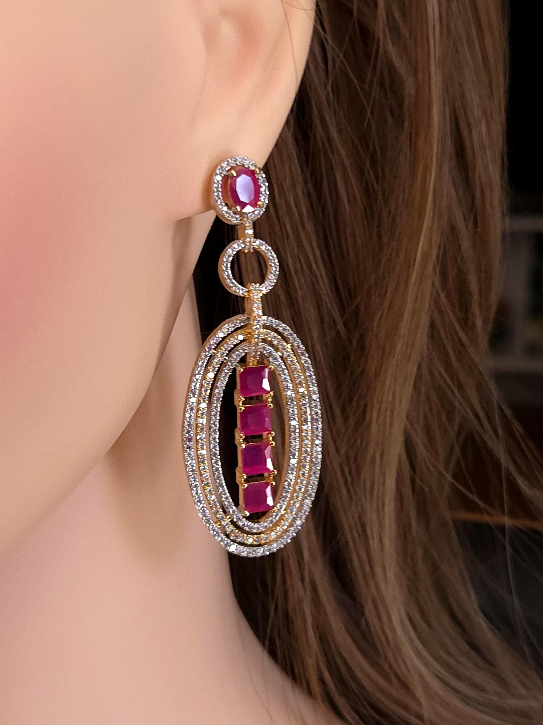 Gold Plated Multicolor Oval Dangle Earrings, Cubic Zirconia Bridal Jewelry