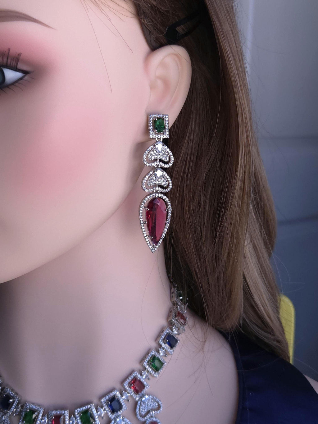 Multicolor CZ Statement Necklace & Earrings Set – Bridal Wedding Jewelry