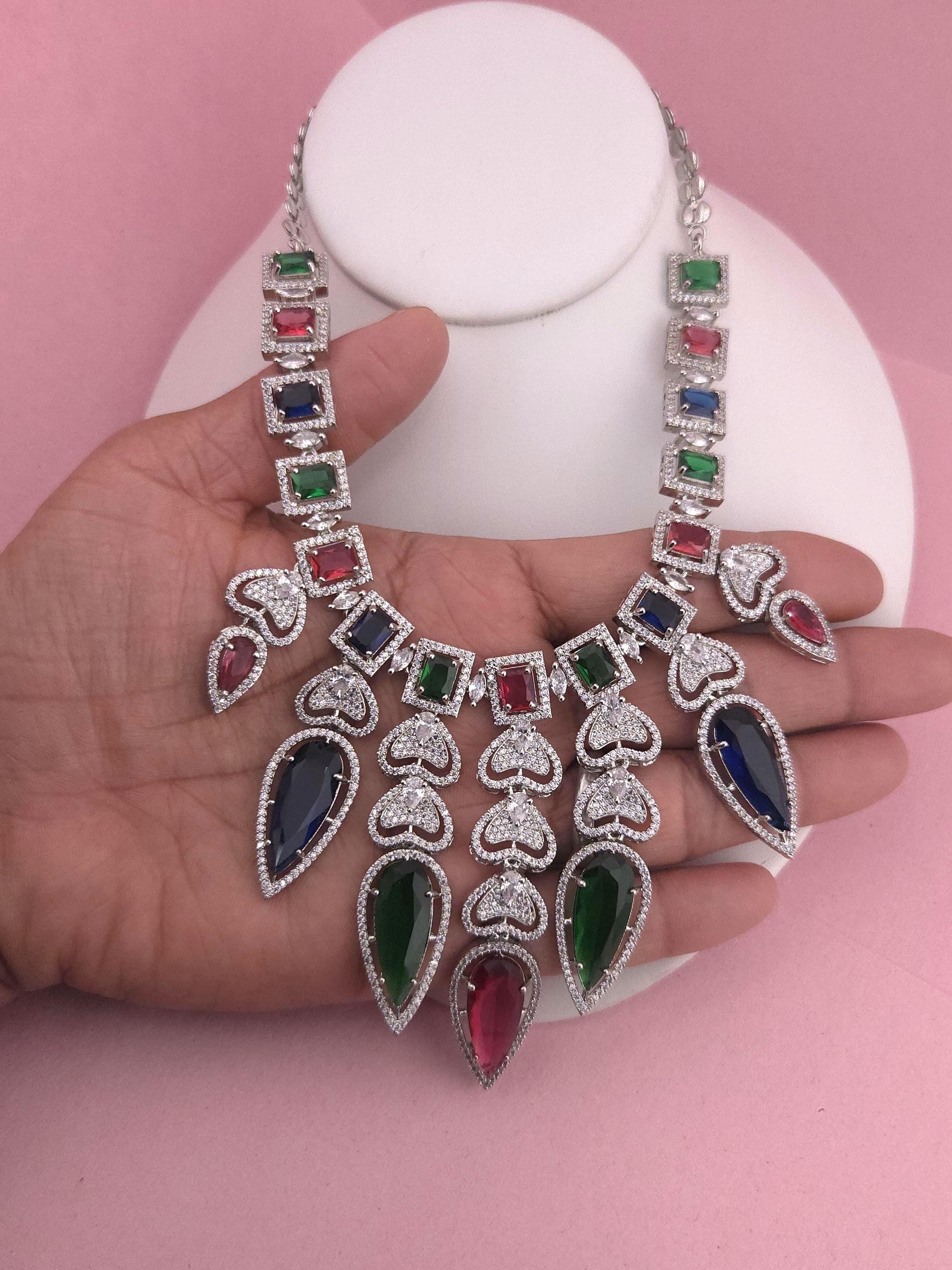 Multicolor CZ Statement Necklace & Earrings Set – Bridal Wedding Jewelry