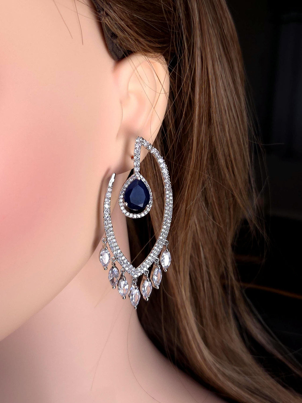 Silver Teardrop Chandelier Earrings in clear & blue CZ– Crystal CZ Bridal Wedding Jewelry
