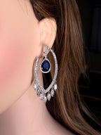 Silver Teardrop Chandelier Earrings in clear & blue CZ– Crystal CZ Bridal Wedding Jewelry