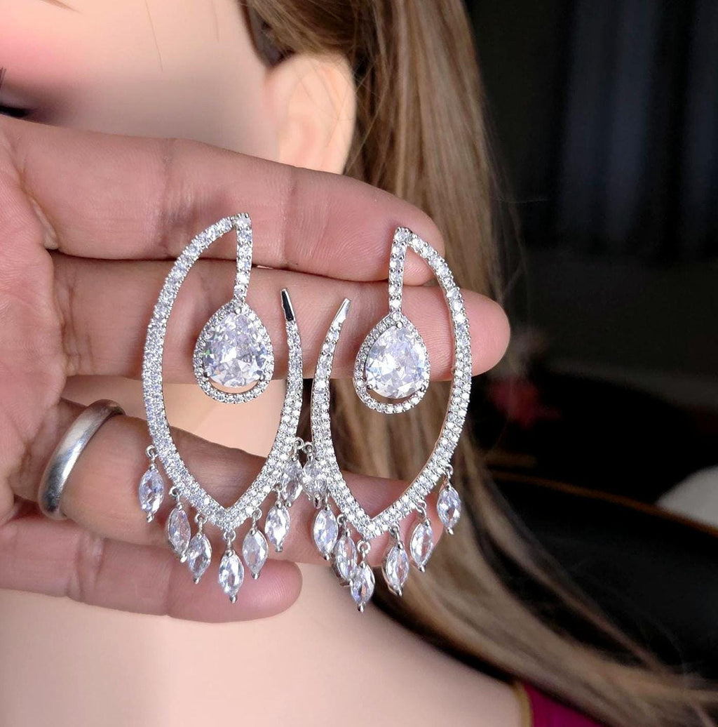 Silver Teardrop Chandelier Earrings in clear & blue CZ– Crystal CZ Bridal Wedding Jewelry
