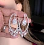 Silver Teardrop Chandelier Earrings in clear & blue CZ– Crystal CZ Bridal Wedding Jewelry