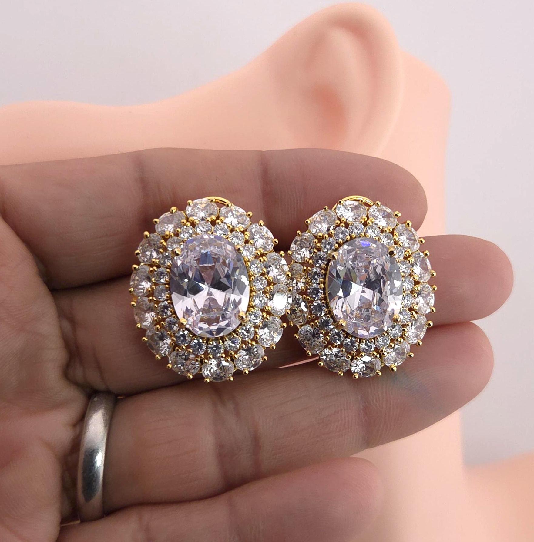 Oval Halo CZ Stud Earrings – Bridal Wedding Jewelry, Gold & Silver Tone, Green or Clear
