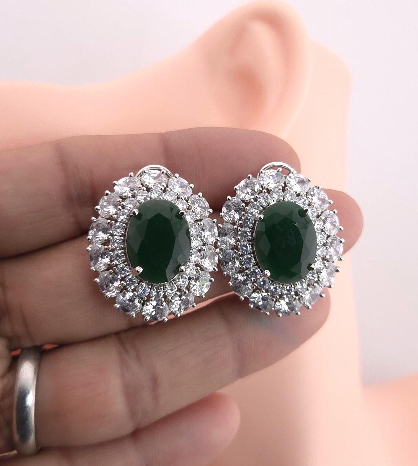 Oval Halo CZ Stud Earrings – Bridal Wedding Jewelry, Gold & Silver Tone, Green or Clear