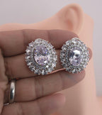 Oval Halo CZ Stud Earrings – Bridal Wedding Jewelry, Gold & Silver Tone, Green or Clear