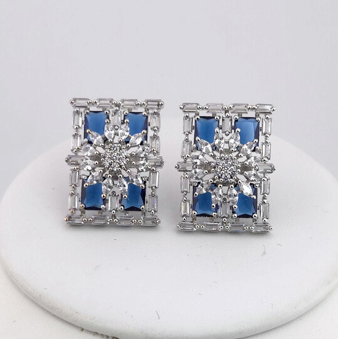 Rectangle CZ Stud Earrings – Geometric Bridal Statement, Blue, Champagne or Clear