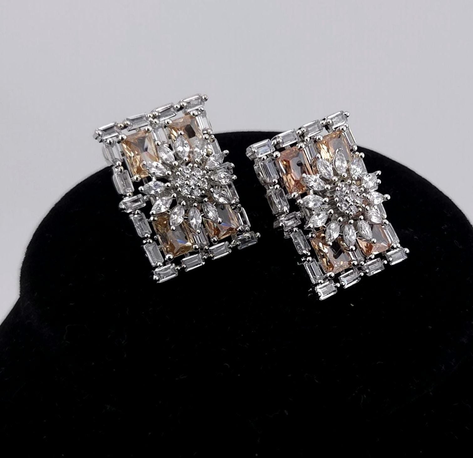 Rectangle CZ Stud Earrings – Geometric Bridal Statement, Blue, Champagne or Clear
